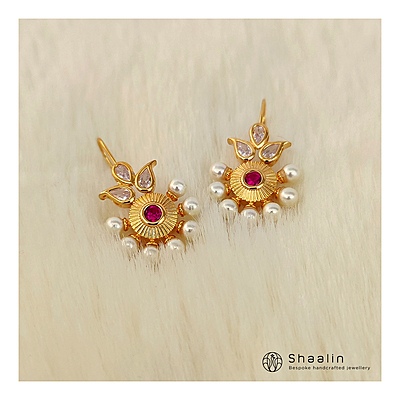 Sterling Silver Based AD Studded Abloom Ruby Hoops